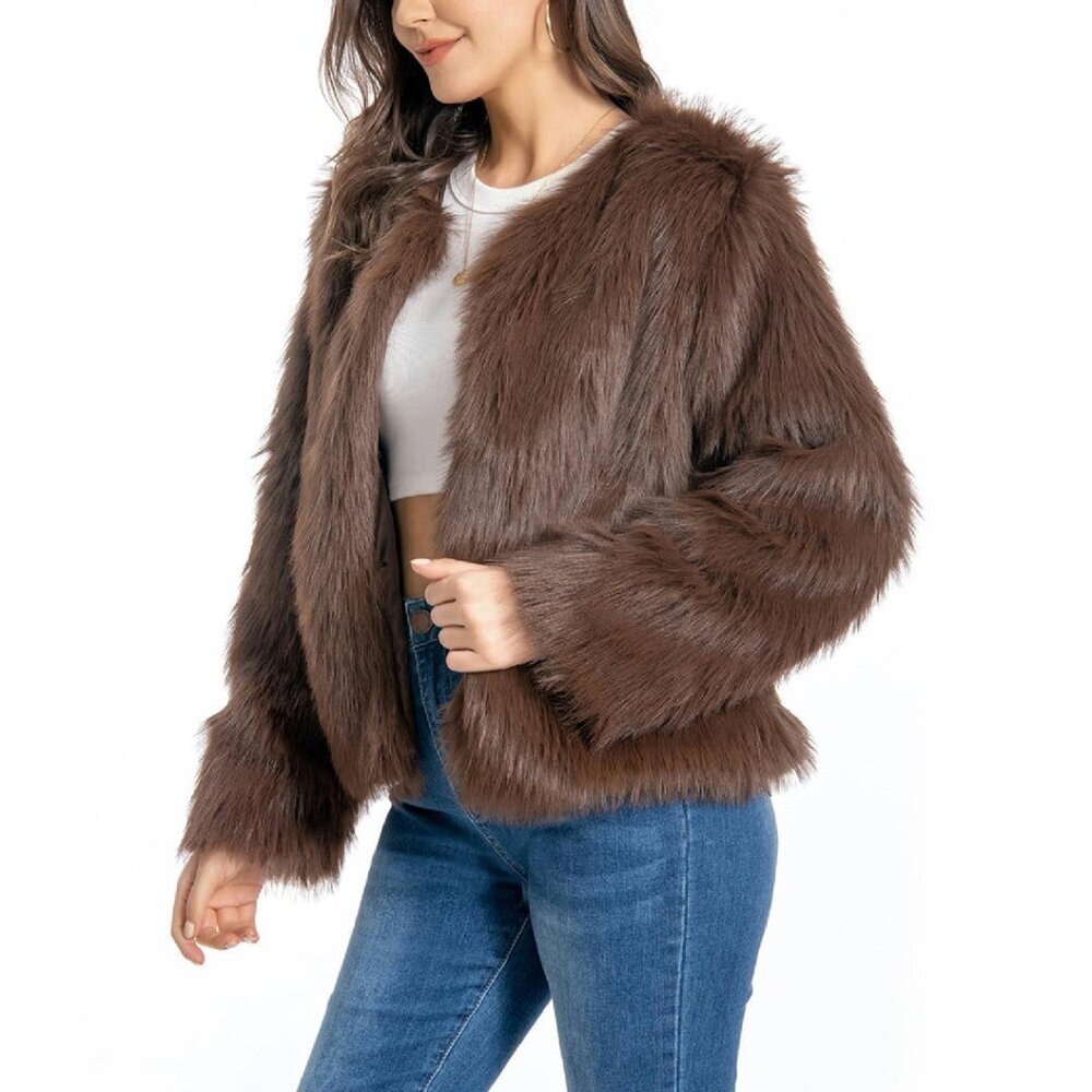 Plus Size Faux Fur Coat Winter Jacket Fluffy Long Sleeve with Pockets